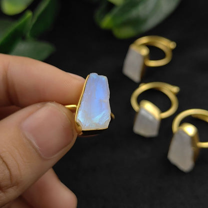 Rainbow Moonstone Adjustable Handmade Ring Gold Plated Boho Chic Minimalist Jewelry for Women- Selling Per Piece