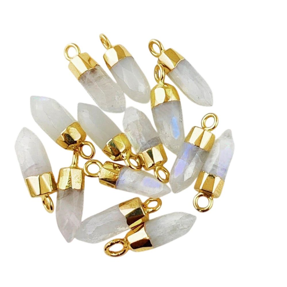 Rainbow Moonstone Crystal Point Pendant with Gold or Silver Electroplated Cap for DIY Necklace & Jewellery Designs