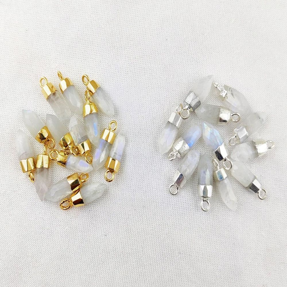 Rainbow Moonstone Crystal Point Pendant with Gold or Silver Electroplated Cap for DIY Necklace & Jewellery Designs