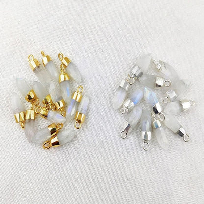 Rainbow Moonstone Crystal Point Pendant with Gold or Silver Electroplated Cap for DIY Necklace & Jewellery Designs
