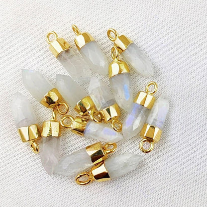 Rainbow Moonstone Crystal Point Pendant with Gold or Silver Electroplated Cap for DIY Necklace & Jewellery Designs