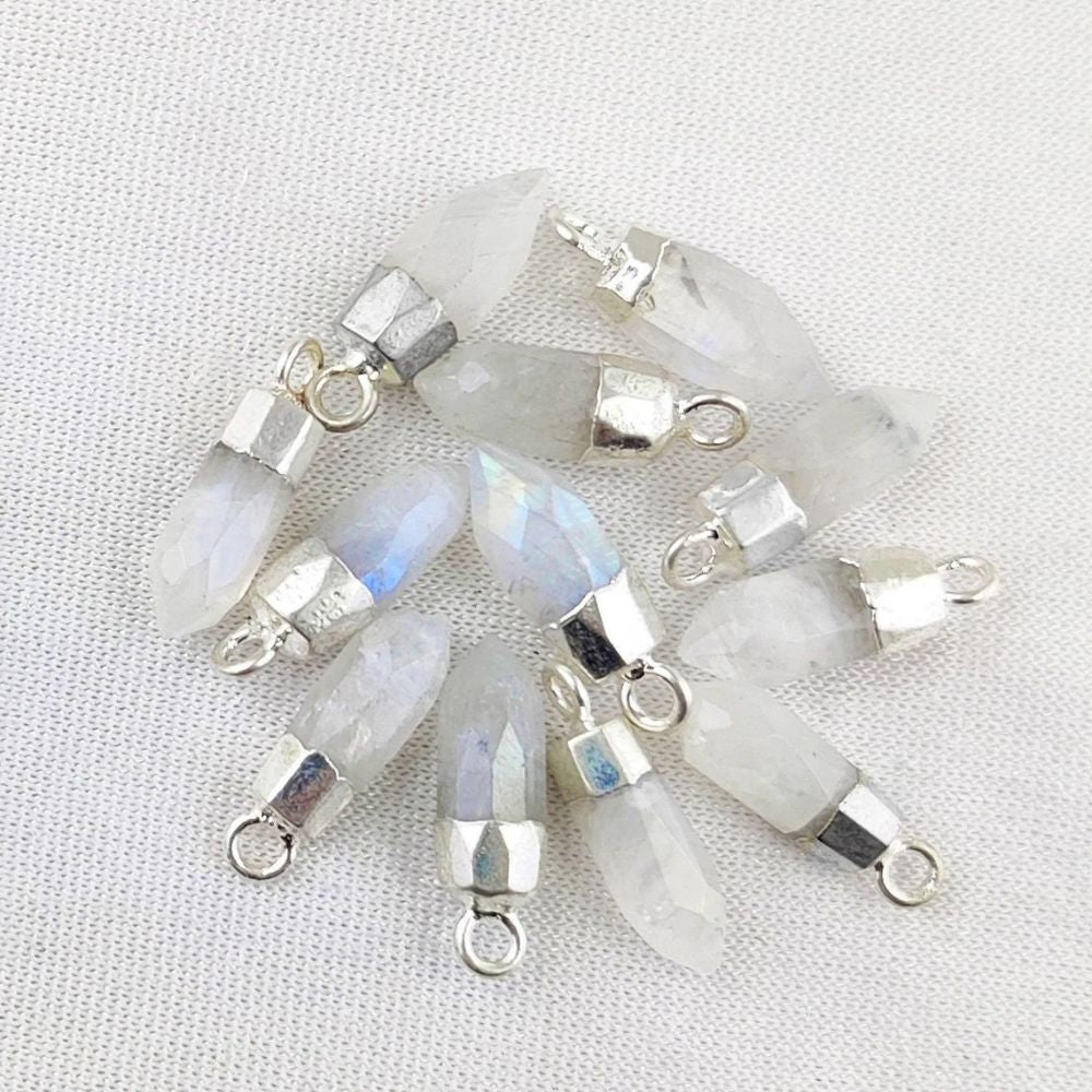 Rainbow Moonstone Crystal Point Pendant with Gold or Silver Electroplated Cap for DIY Necklace & Jewellery Designs