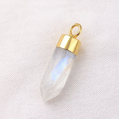 Rainbow Moonstone Crystal Point Pendant with Gold or Silver Electroplated Cap for DIY Necklace & Jewellery Designs