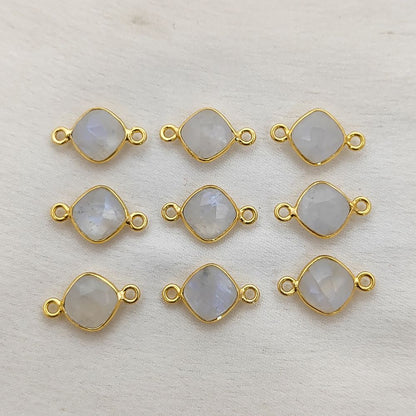 Rainbow Moonstone Cushion Gemstone Connector 8mm Gold Plated Bezel Faceted Stone Link for Handmade Jewelry- Selling Per Piece