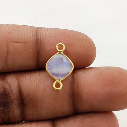 Rainbow Moonstone Cushion Gemstone Connector 8mm Gold Plated Bezel Faceted Stone Link for Handmade Jewelry- Selling Per Piece