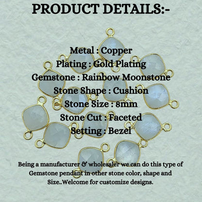 Rainbow Moonstone Cushion Gemstone Connector 8mm Gold Plated Bezel Faceted Stone Link for Handmade Jewelry- Selling Per Piece