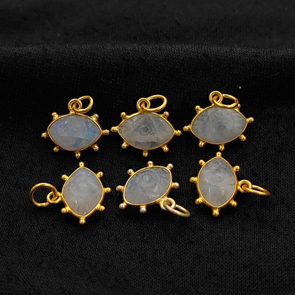 Rainbow Moonstone Evil Eye Charm Handmade 925 Sterling Silver Gold Plated Marquise Spiritual Healing Crystal Jewelry- Selling Per Piece