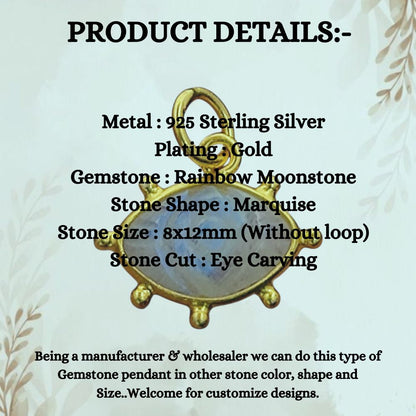 Rainbow Moonstone Evil Eye Charm Handmade 925 Sterling Silver Gold Plated Marquise Spiritual Healing Crystal Jewelry- Selling Per Piece