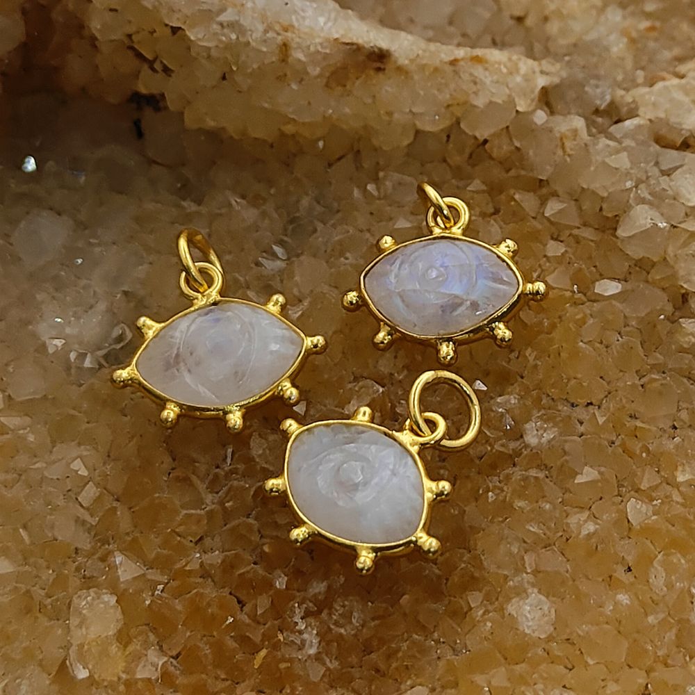 Rainbow Moonstone Evil Eye Charm Handmade 925 Sterling Silver Gold Plated Marquise Spiritual Healing Crystal Jewelry- Selling Per Piece