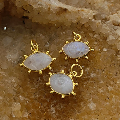 Rainbow Moonstone Evil Eye Charm Handmade 925 Sterling Silver Gold Plated Marquise Spiritual Healing Crystal Jewelry- Selling Per Piece
