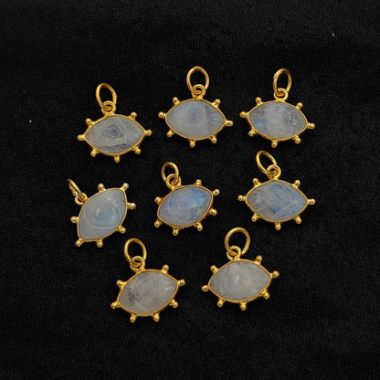 Rainbow Moonstone Evil Eye Charm Handmade 925 Sterling Silver Gold Plated Marquise Spiritual Healing Crystal Jewelry- Selling Per Piece