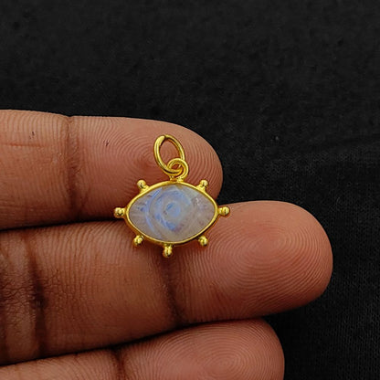 Rainbow Moonstone Evil Eye Charm Handmade 925 Sterling Silver Gold Plated Marquise Spiritual Healing Crystal Jewelry- Selling Per Piece