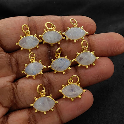 Rainbow Moonstone Evil Eye Charm Handmade 925 Sterling Silver Gold Plated Marquise Spiritual Healing Crystal Jewelry- Selling Per Piece
