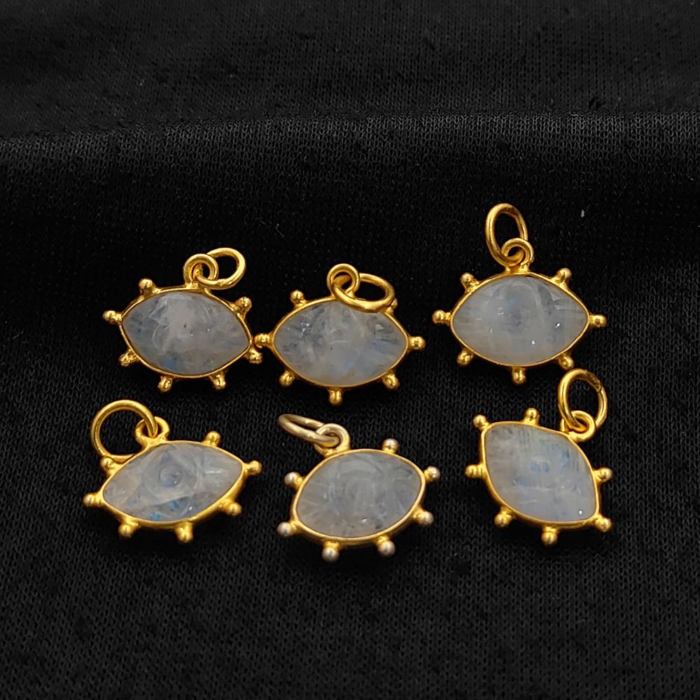 Rainbow Moonstone Evil Eye Charm Handmade 925 Sterling Silver Gold Plated Marquise Spiritual Healing Crystal Jewelry- Selling Per Piece