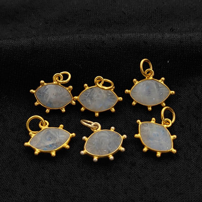 Rainbow Moonstone Evil Eye Charm Handmade 925 Sterling Silver Gold Plated Marquise Spiritual Healing Crystal Jewelry- Selling Per Piece