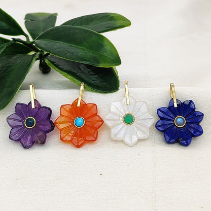 Rainbow Moonstone Flower Pendant June Birthstone Natural Stone Jewelry Charm with Gold-Plated 925 Sterling Silver Pinch Loop- Selling Per Piece
