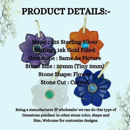 Rainbow Moonstone Flower Pendant June Birthstone Natural Stone Jewelry Charm with Gold-Plated 925 Sterling Silver Pinch Loop- Selling Per Piece
