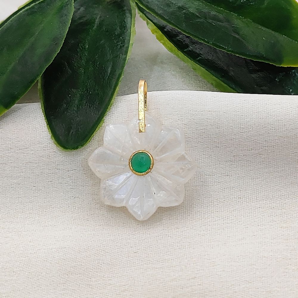 Rainbow Moonstone Flower Pendant June Birthstone Natural Stone Jewelry Charm with Gold-Plated 925 Sterling Silver Pinch Loop- Selling Per Piece
