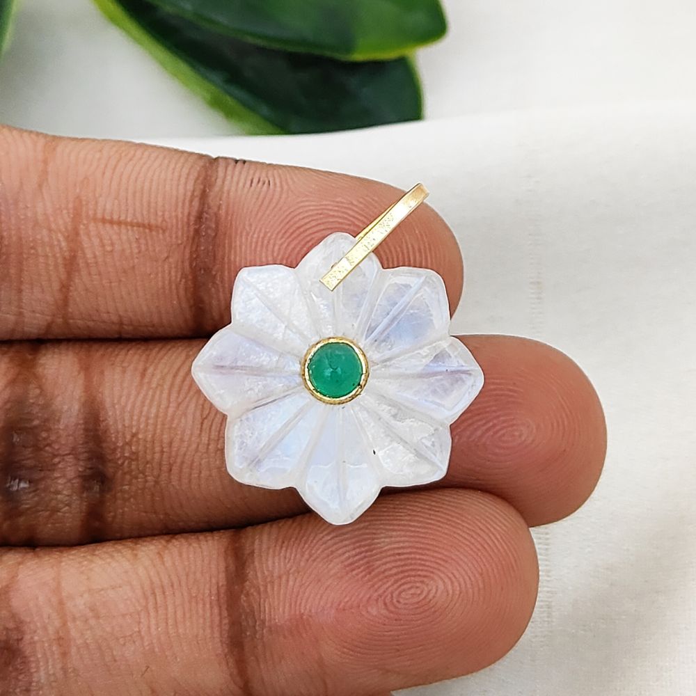 Rainbow Moonstone Flower Pendant June Birthstone Natural Stone Jewelry Charm with Gold-Plated 925 Sterling Silver Pinch Loop- Selling Per Piece