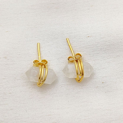 Rainbow Moonstone Gemstone Stud Earrings Elegant Gold Vermeil Boho Minimalist Healing Jewelry- Selling Per Pair
