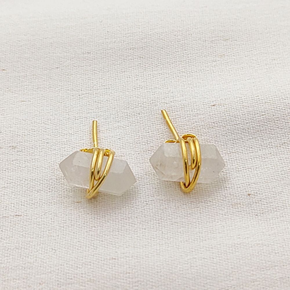 Rainbow Moonstone Gemstone Stud Earrings Elegant Gold Vermeil Boho Minimalist Healing Jewelry- Selling Per Pair