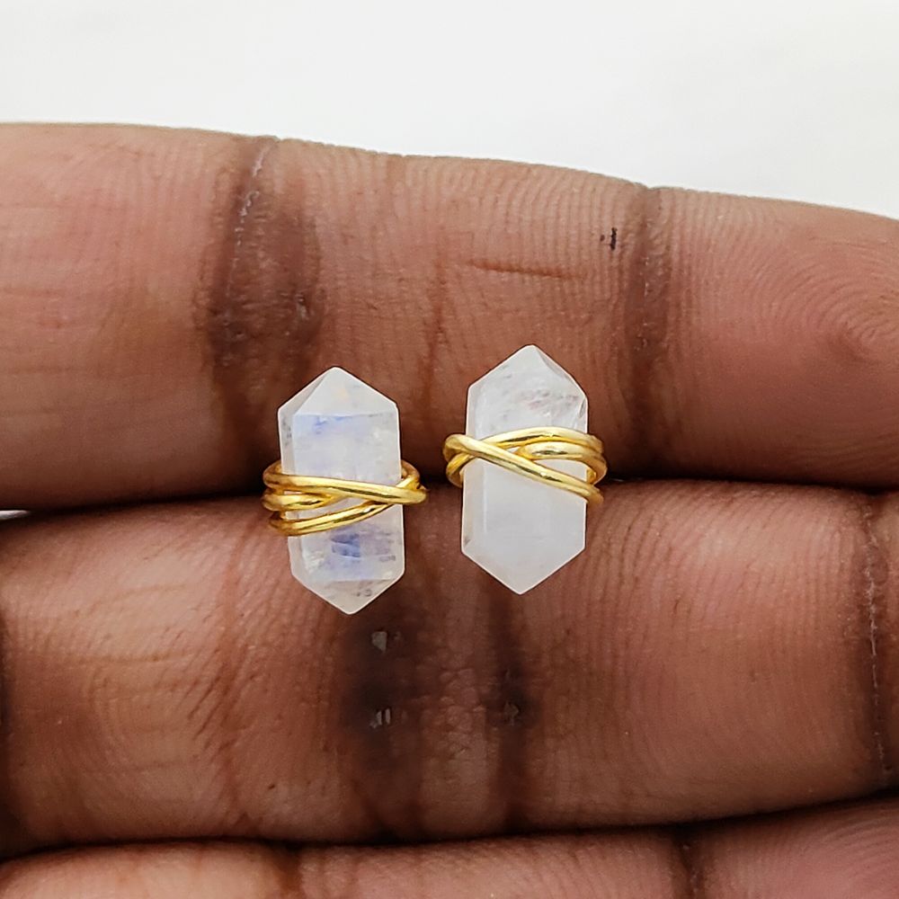 Rainbow Moonstone Gemstone Stud Earrings Elegant Gold Vermeil Boho Minimalist Healing Jewelry- Selling Per Pair
