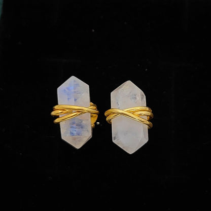 Rainbow Moonstone Gemstone Stud Earrings Elegant Gold Vermeil Boho Minimalist Healing Jewelry- Selling Per Pair