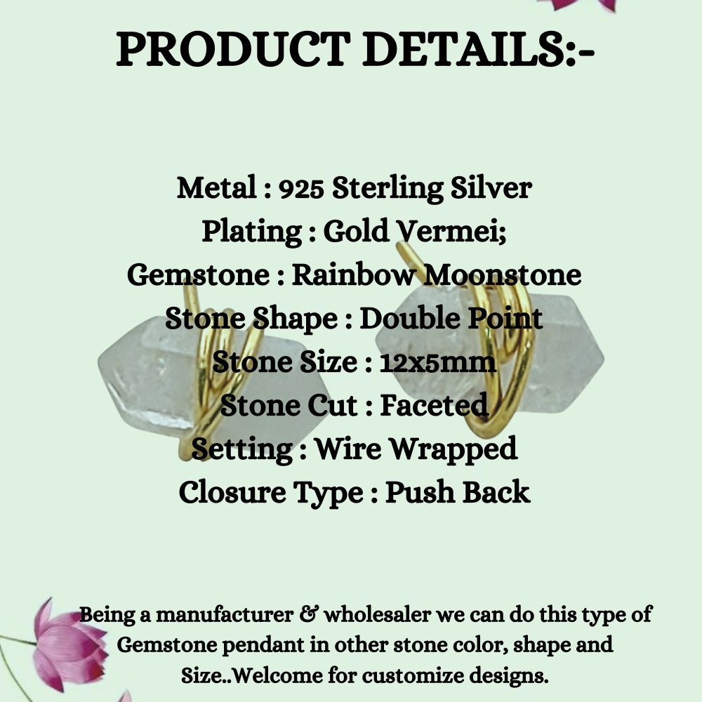 Rainbow Moonstone Gemstone Stud Earrings Elegant Gold Vermeil Boho Minimalist Healing Jewelry- Selling Per Pair