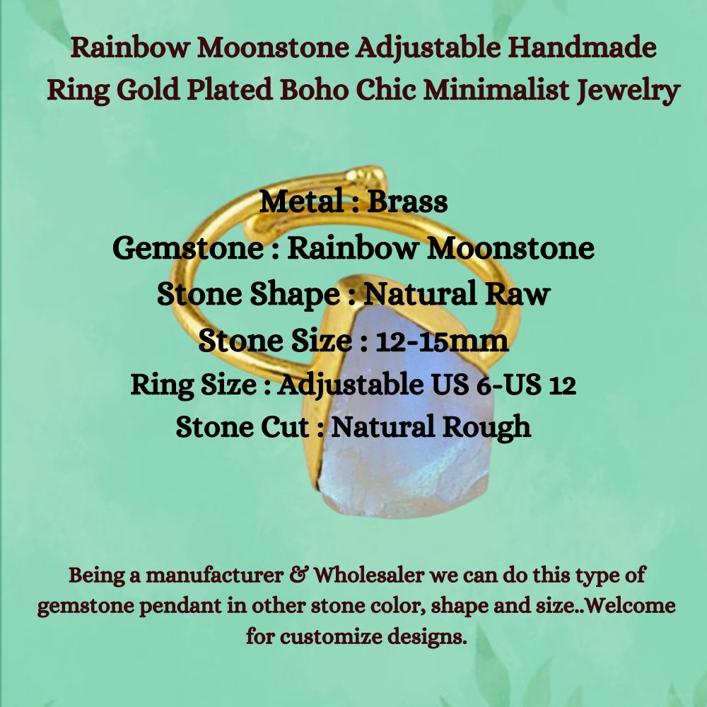 Rainbow Moonstone Adjustable Handmade Ring Gold Plated Boho Chic Minimalist Jewelry for Women- Selling Per Piece