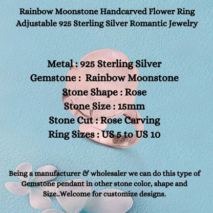 Handcrafted Rainbow Moonstone Flower Ring – Adjustable 925 Sterling Silver, Romantic Design