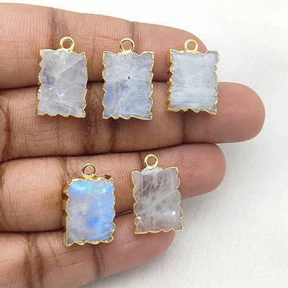 Gold Electroplated Rainbow Moonstone Necklace, Zig Zag Gemstone Slice Pendant