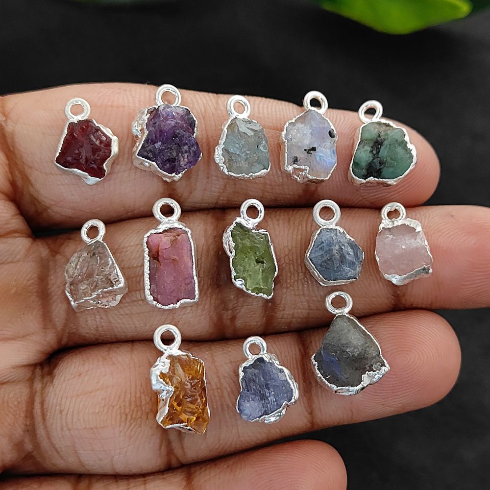 Raw Birthstone Crystal Pendants with Silver Edge Natural Gemstone Charms for DIY Jewellery Making