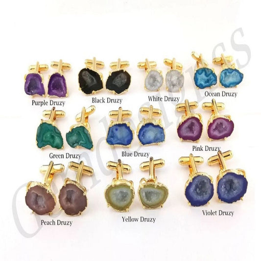 Raw Druzy Geode Cufflinks Gold Electroplated Gemstone Cufflinks Handmade Jewelry Set- Selling By Pair