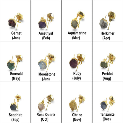 Handmade Raw Gemstone Stud Earrings Gold Electroplated All Birthstone Rough Stone Studs Jewelry For Her- Selling Per Piece