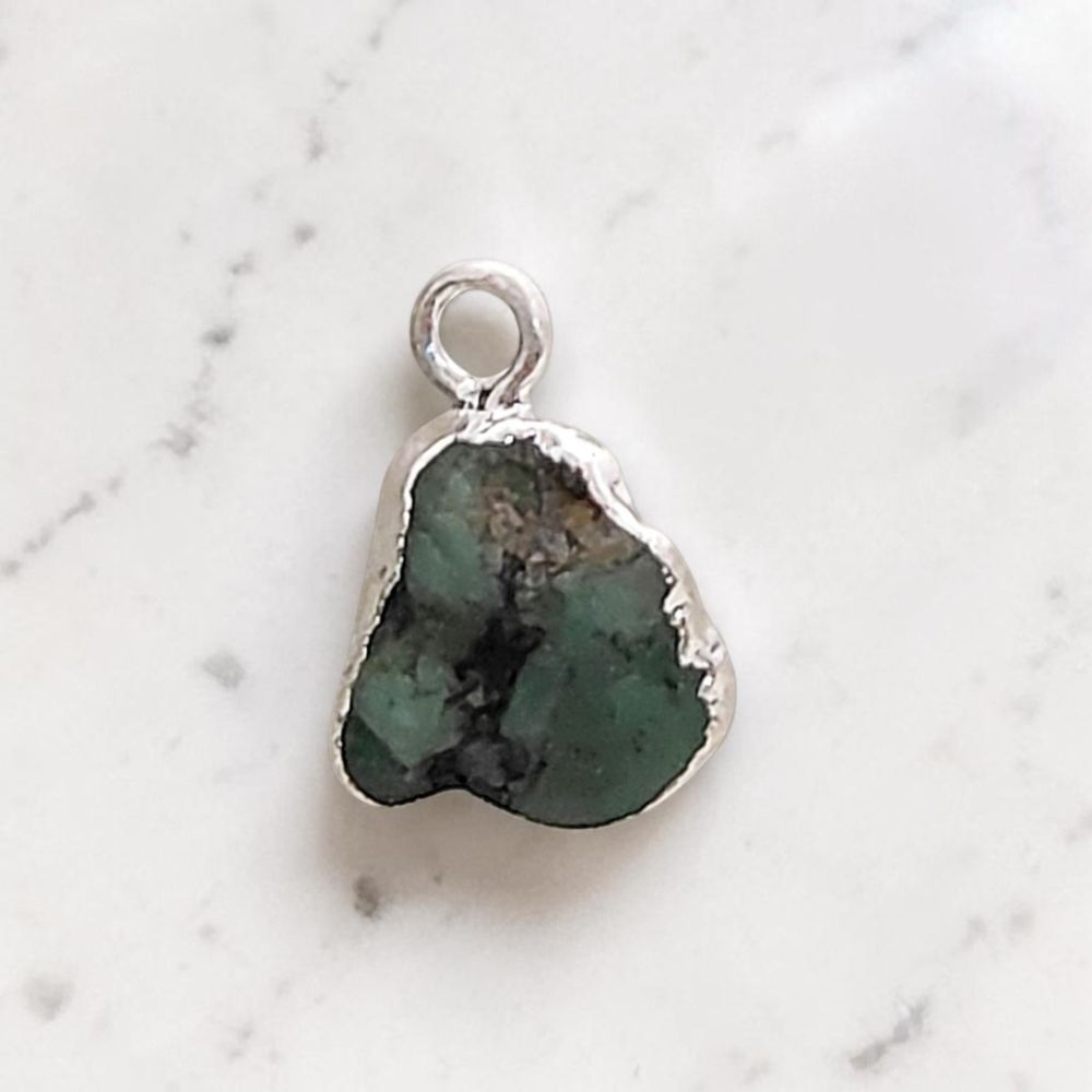 Raw Emerald Gemstone Pendants with Silver Edge Natural Crystal Charms for Necklace & Earrings