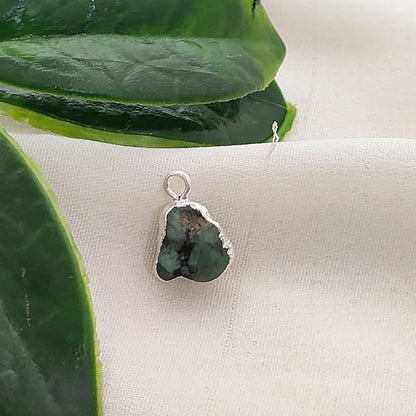 Raw Emerald Gemstone Pendants with Silver Edge Natural Crystal Charms for Necklace & Earrings