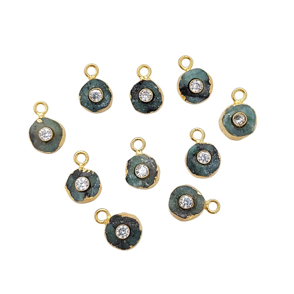 Raw Emerald Necklace Charm 18k Gold Electroplated Handmade May Birthstone Pendant with CZ- Selling Per Piece