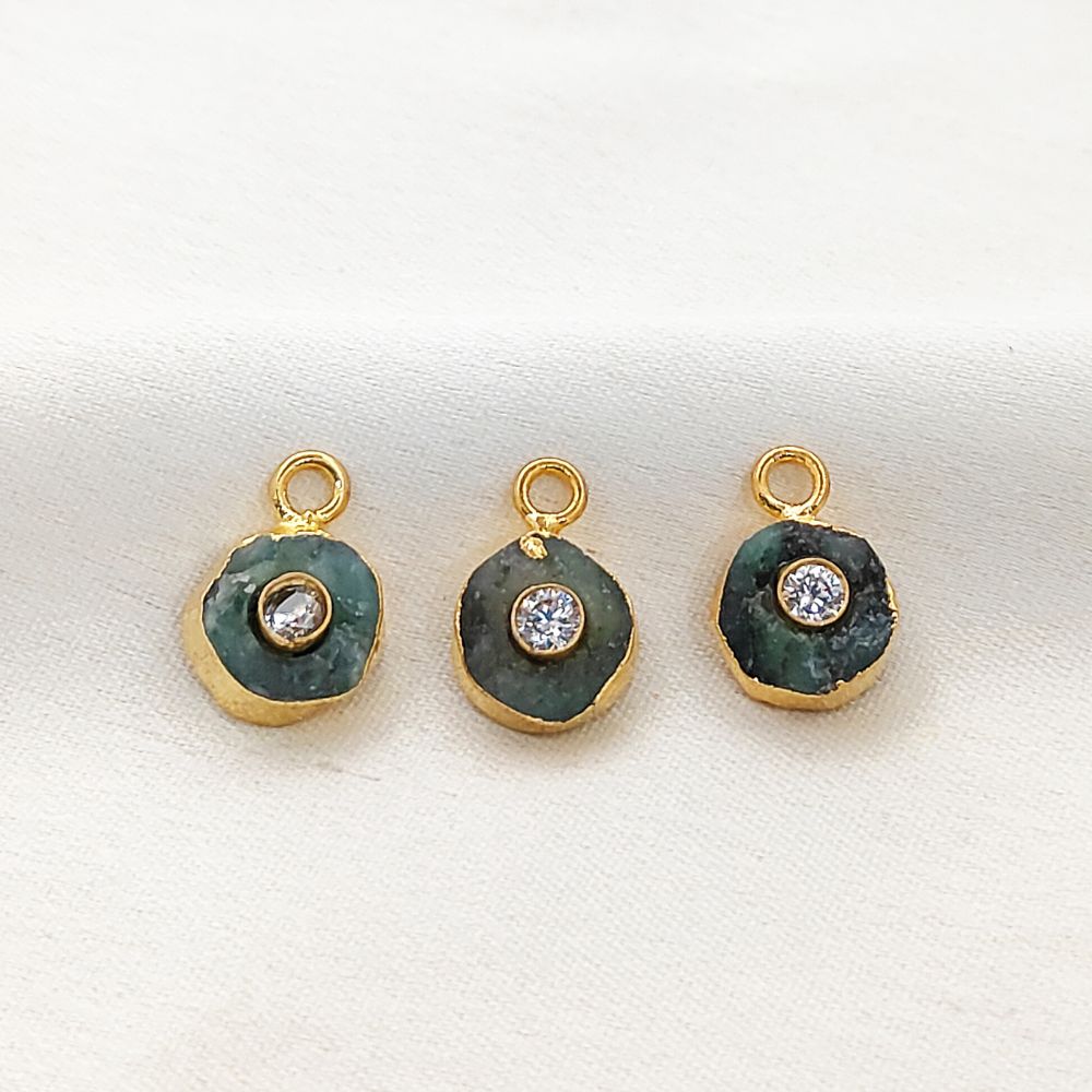 Raw Emerald Necklace Charm 18k Gold Electroplated Handmade May Birthstone Pendant with CZ- Selling Per Piece
