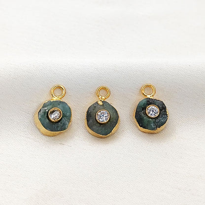 Raw Emerald Necklace Charm 18k Gold Electroplated Handmade May Birthstone Pendant with CZ- Selling Per Piece