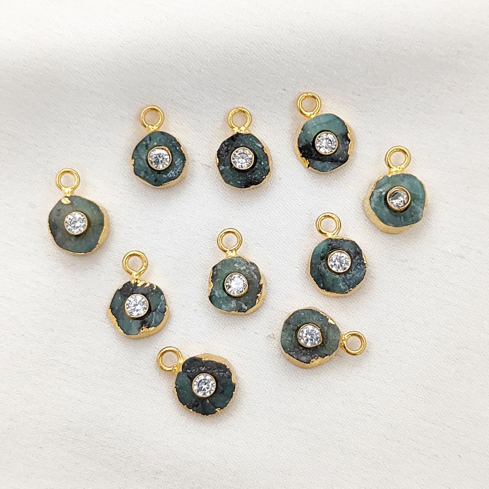 Raw Emerald Necklace Charm 18k Gold Electroplated Handmade May Birthstone Pendant with CZ- Selling Per Piece