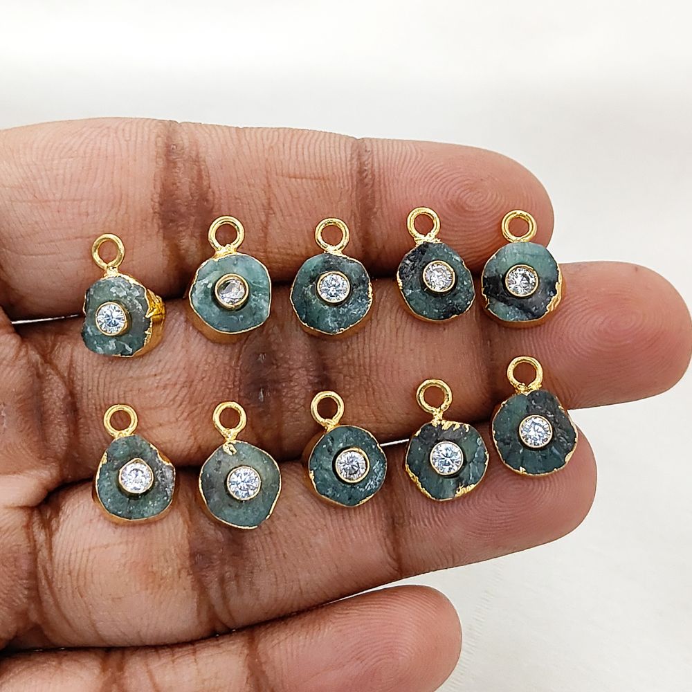 Raw Emerald Necklace Charm 18k Gold Electroplated Handmade May Birthstone Pendant with CZ- Selling Per Piece
