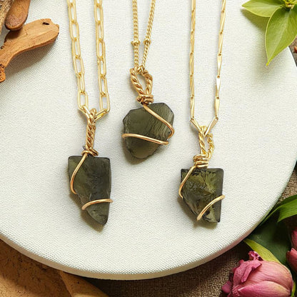 Raw Moldavite Wire Wrapped Necklace Green Crystal Healing Pendant for Transformation & Heart Chakra- Selling Per Piece