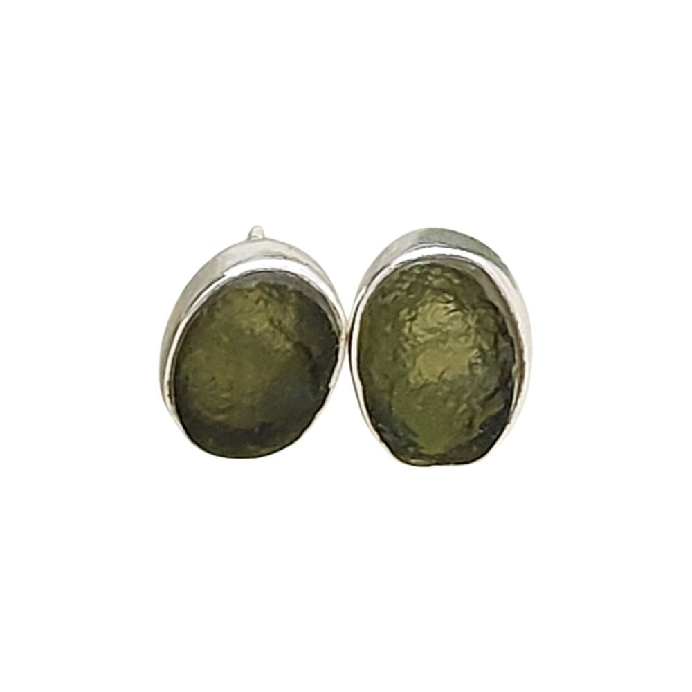 Raw Oval Moldavite Sterling Silver Stud Earrings Handmade Natural Gemstone Minimalist Jewelry Push Back Closure Studs for Her- Selling Per Pair