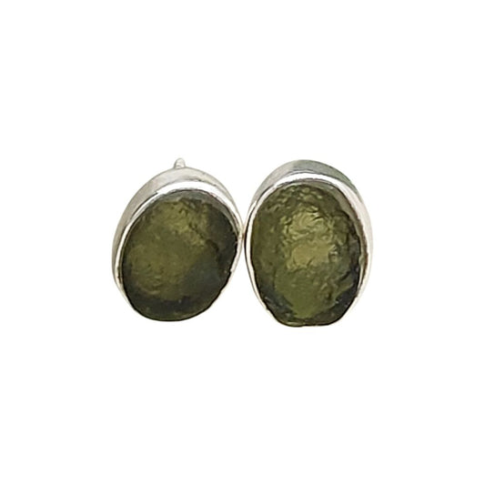 Raw Oval Moldavite Sterling Silver Stud Earrings Handmade Natural Gemstone Minimalist Jewelry Push Back Closure Studs for Her- Selling Per Pair