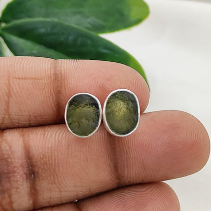 Raw Oval Moldavite Sterling Silver Stud Earrings Handmade Natural Gemstone Minimalist Jewelry Push Back Closure Studs for Her- Selling Per Pair