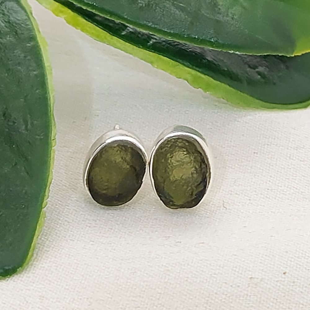 Raw Oval Moldavite Sterling Silver Stud Earrings Handmade Natural Gemstone Minimalist Jewelry Push Back Closure Studs for Her- Selling Per Pair