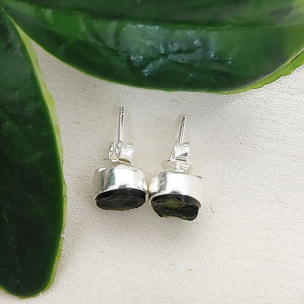 Raw Oval Moldavite Sterling Silver Stud Earrings Handmade Natural Gemstone Minimalist Jewelry Push Back Closure Studs for Her- Selling Per Pair