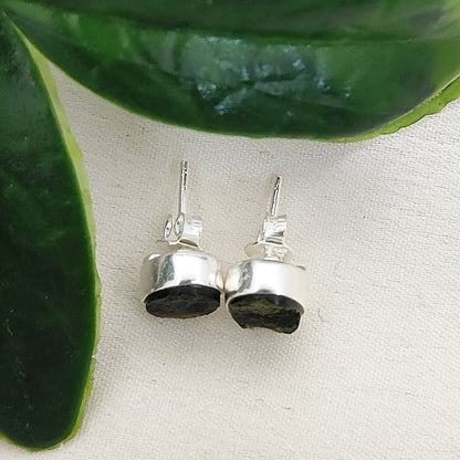 Raw Oval Moldavite Sterling Silver Stud Earrings Handmade Natural Gemstone Minimalist Jewelry Push Back Closure Studs for Her- Selling Per Pair