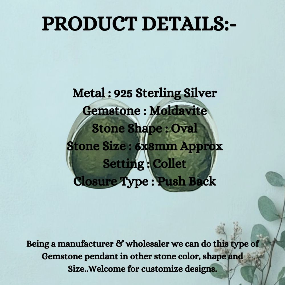 Raw Oval Moldavite Sterling Silver Stud Earrings Handmade Natural Gemstone Minimalist Jewelry Push Back Closure Studs for Her- Selling Per Pair