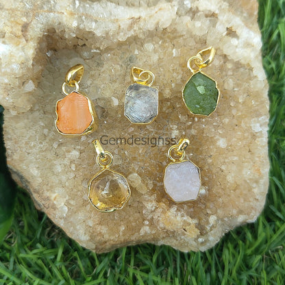 Raw Gemstone Tiny Pendant Rough Stone Pendant Necklace Artisans Charms Gold Plated Jewelry- Selling Per Piece